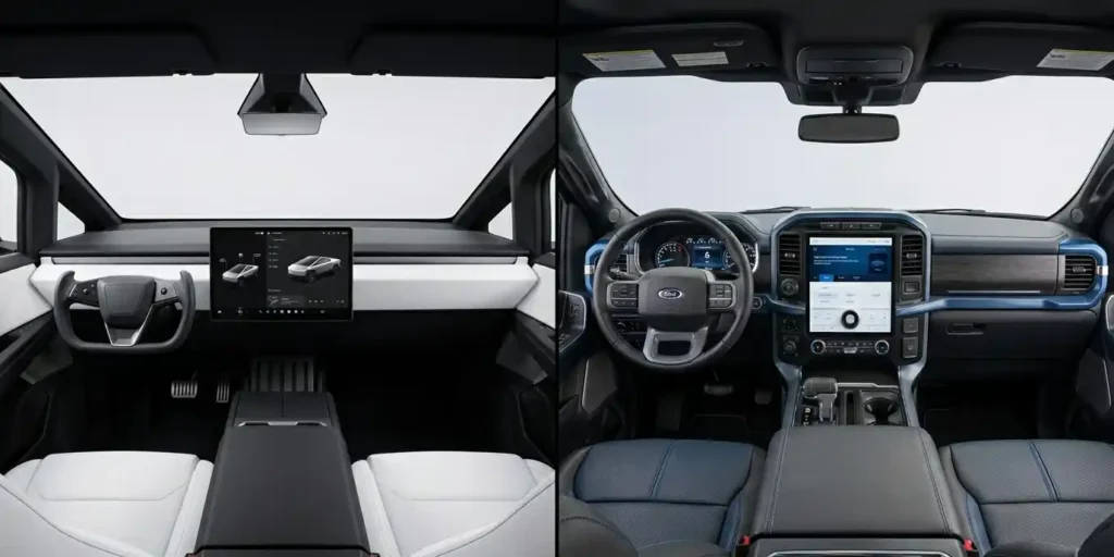 cybertruck vs f150 lightning interior comparison touchscreen cabin