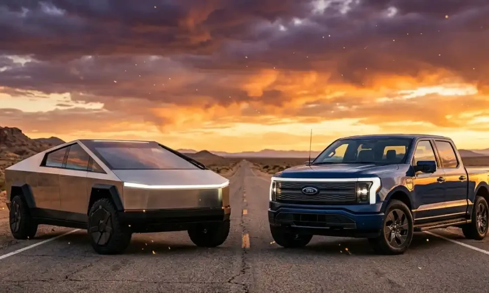 Cybertruck vs Ford 2027 truck side by side electric pickup comparison on open highway