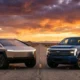 Cybertruck vs Ford 2027 truck side by side electric pickup comparison on open highway