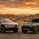Cybertruck vs Rivian R1T side by side on open highway, 2026 electric truck comparison