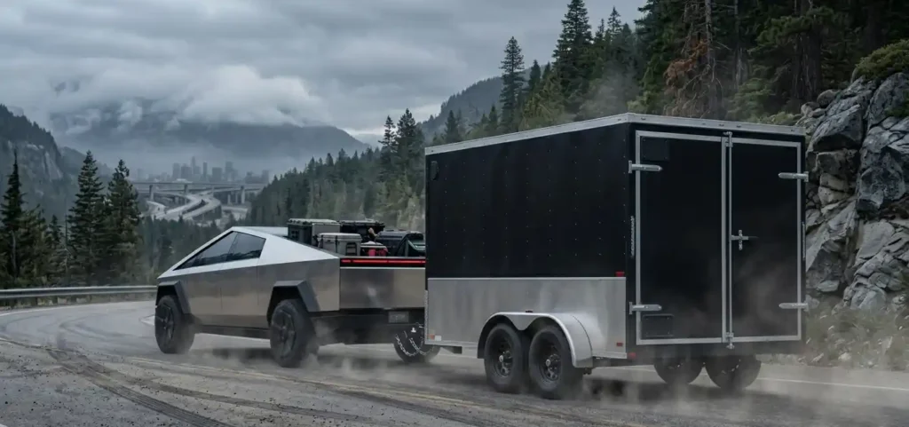 Tesla Cybertruck towing heavy trailer showing 2500 lb payload and 11000 lb towing capacity