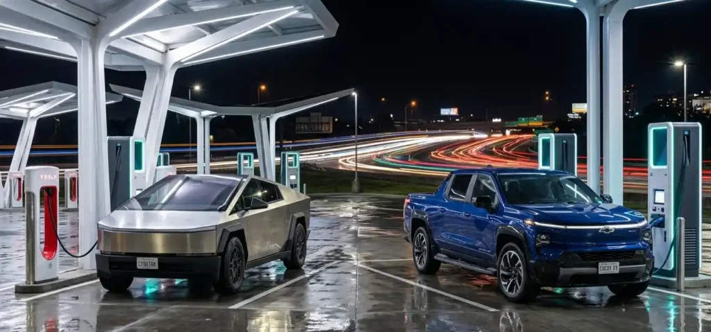 Tesla Cybertruck Supercharger vs Chevrolet Silverado EV DC fast charging network comparison