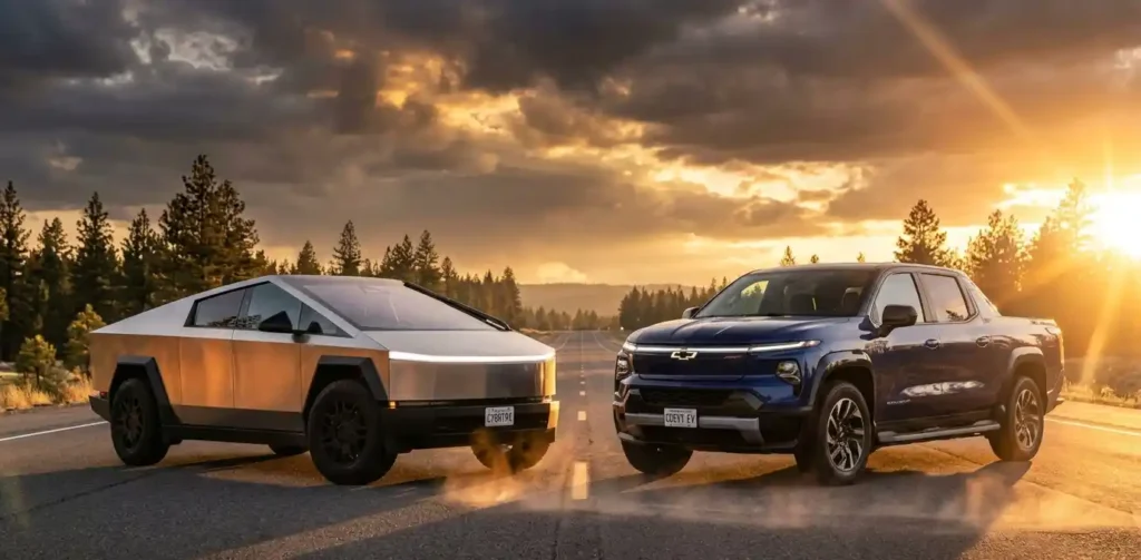 Tesla Cybertruck vs Chevrolet Silverado EV head-to-head comparison on highway