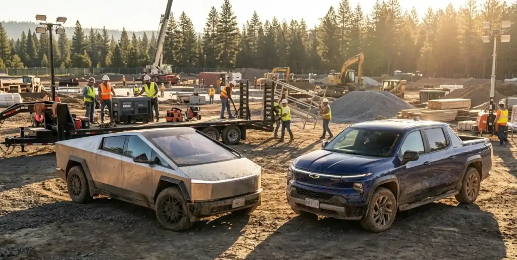 Tesla Cybertruck vs Chevrolet Silverado EV full size electric pickup truck at job site