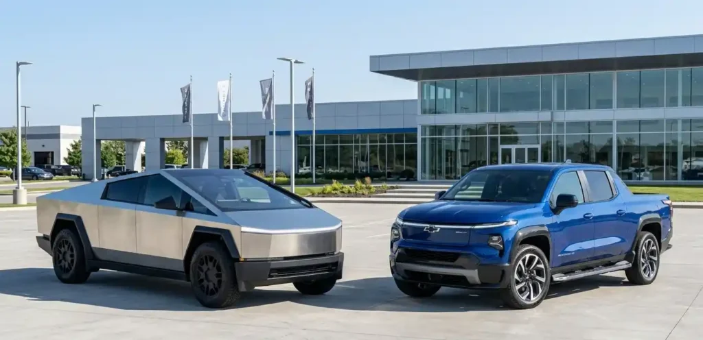 Tesla Cybertruck vs Chevrolet Silverado EV price comparison 2026 at dealership