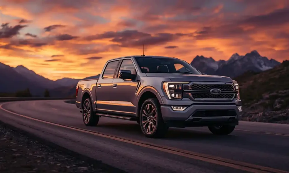 Ford F-150 Lightning Platinum electric truck parked on a scenic mountain road at sunset