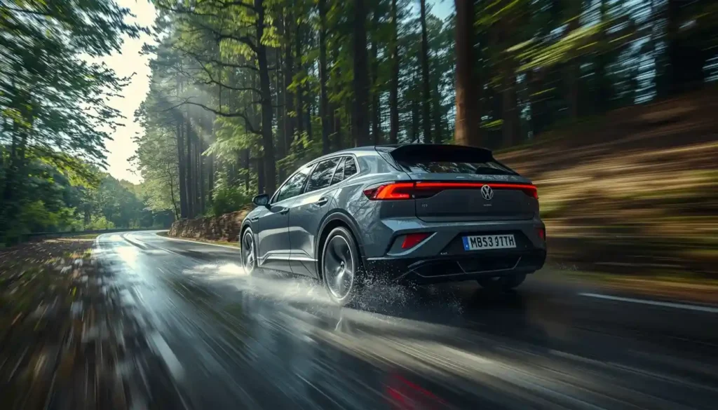 VW ID.3 Pro S 2026 cornering dynamically on wet road showing handling and driving refinement