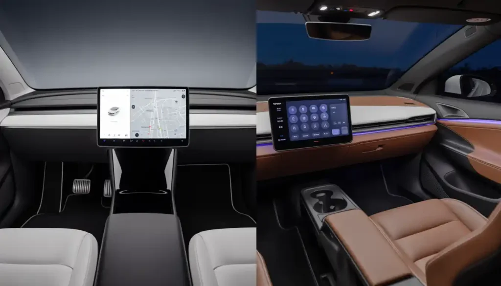 Tesla Model Y 15 inch touchscreen interior vs VW ID.4 Apple CarPlay dashboard
