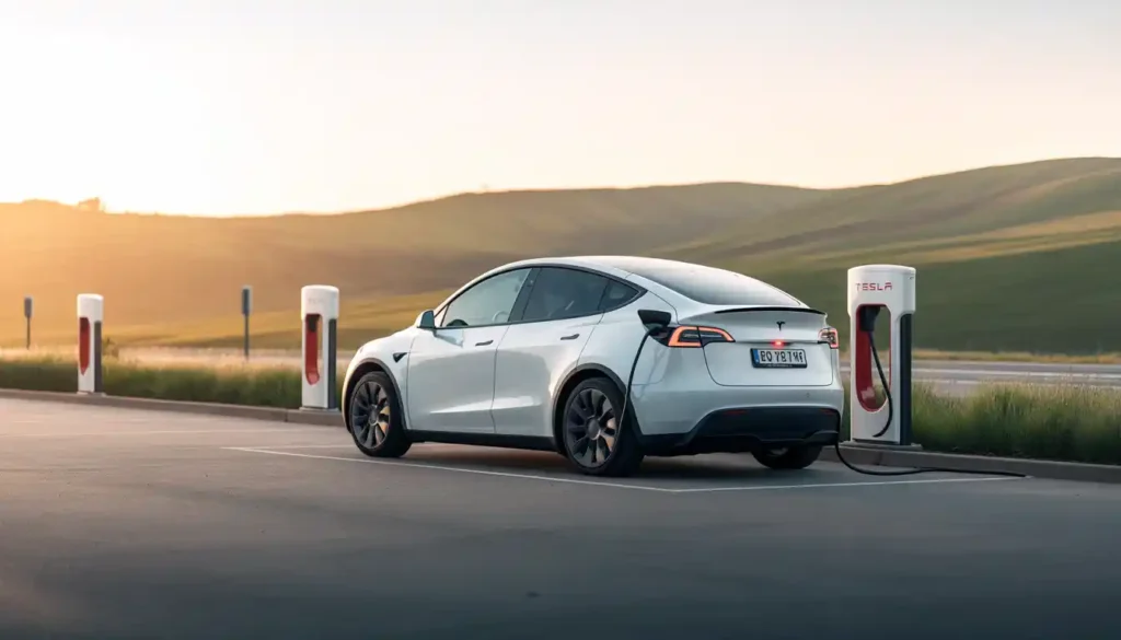 Tesla Model Y plugged into Supercharger road trip long distance EV travel