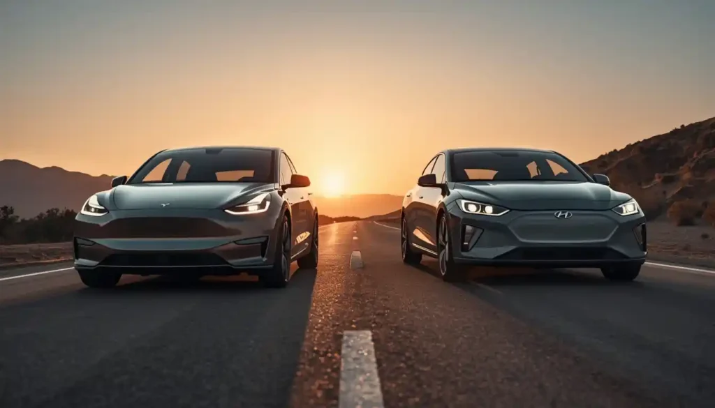 Tesla Model Y vs Hyundai Ioniq 5 parked side by side on highway
