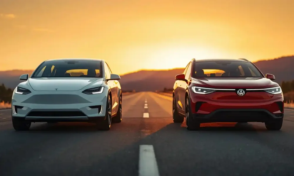 Tesla Model Y vs Volkswagen ID.4 side-by-side comparison 2026 electric SUV