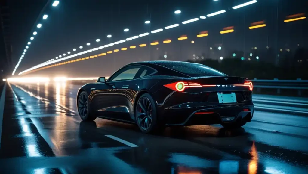 `2026 Tesla Roadster gloss black Japan expressway night rain view`