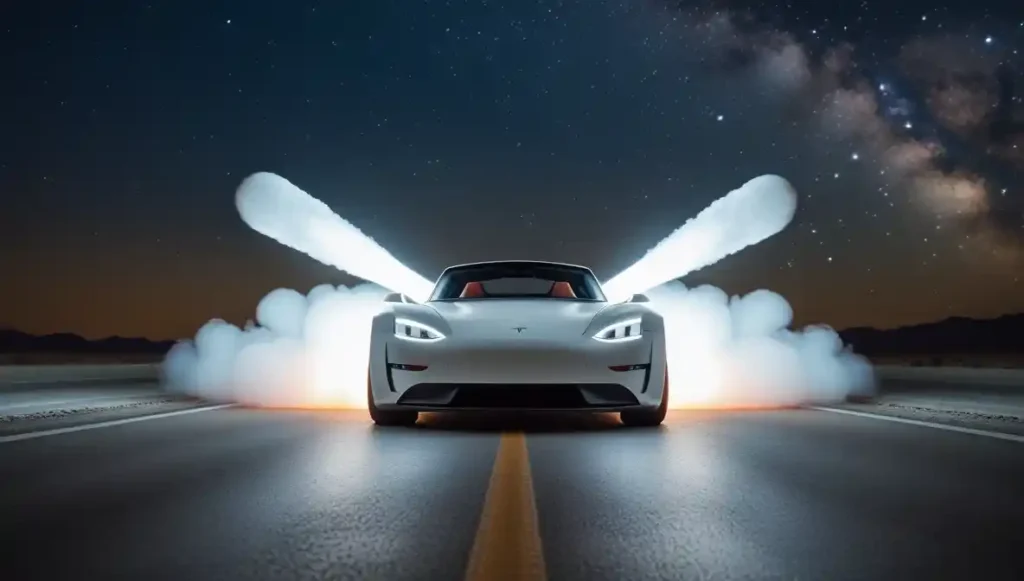 `2026 Tesla Roadster SpaceX package thrusters desert highway night`