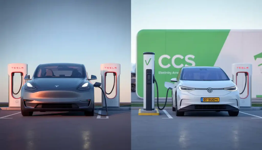 Tesla Supercharger station vs CCS public charging station comparison electric vehicle