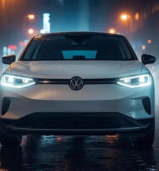 2026 Volkswagen ID.4 Limited cinematic night shot with city neon reflections on wet road