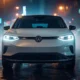 2026 Volkswagen ID.4 Limited cinematic night shot with city neon reflections on wet road