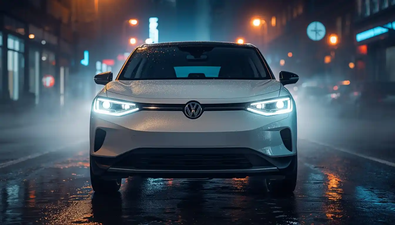 2026 Volkswagen ID.4 Limited cinematic night shot with city neon reflections on wet road