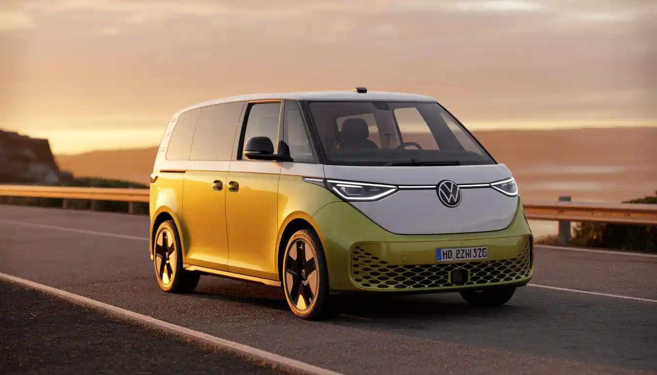 2026 VW ID. Buzz problems and common issues — white electric van parked on coastal highway at golden hour