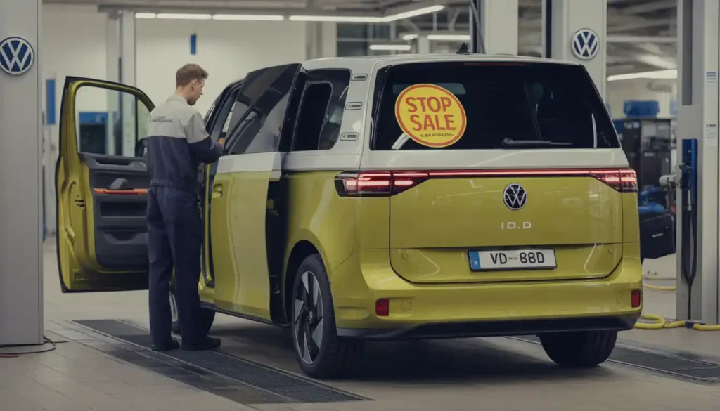 VW ID. Buzz recall 2025 — technician performing safety recall repair at Volkswagen dealership service center