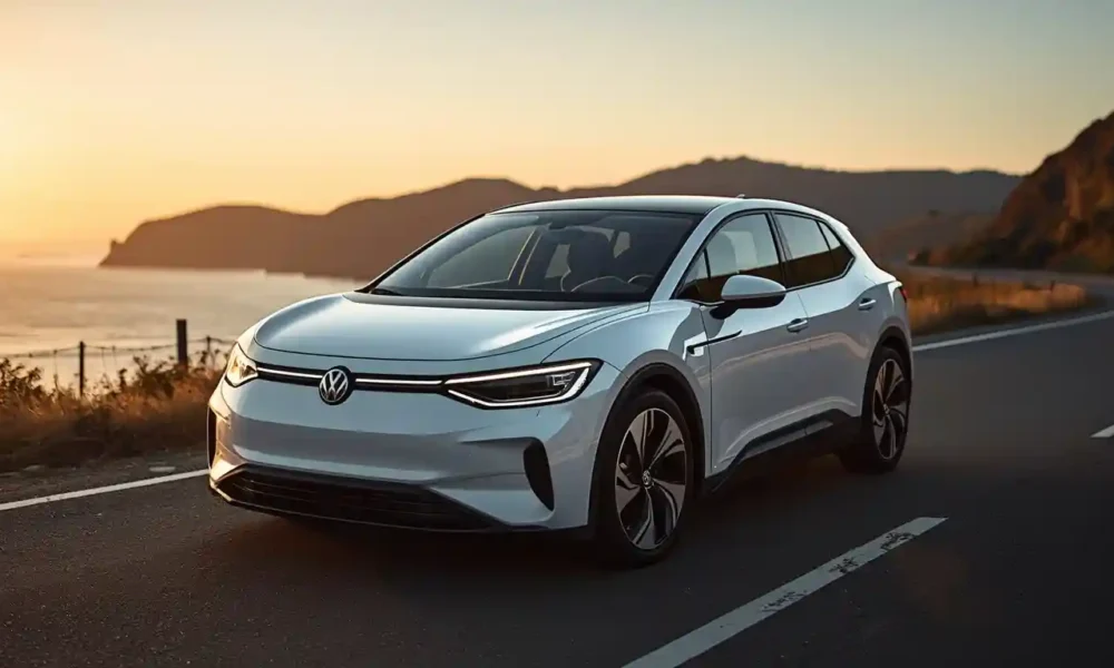 2026 Volkswagen ID.3 Pro S in Pearl White on coastal cliff road at golden hour