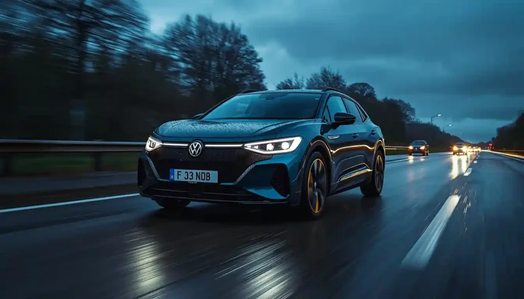 VW ID.3 Pro S 2026 driving on wet UK motorway at dusk with cinematic motion blur