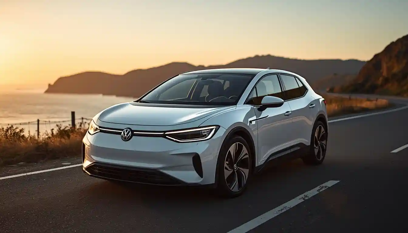 2026 Volkswagen ID.3 Pro S in Pearl White on coastal cliff road at golden hour