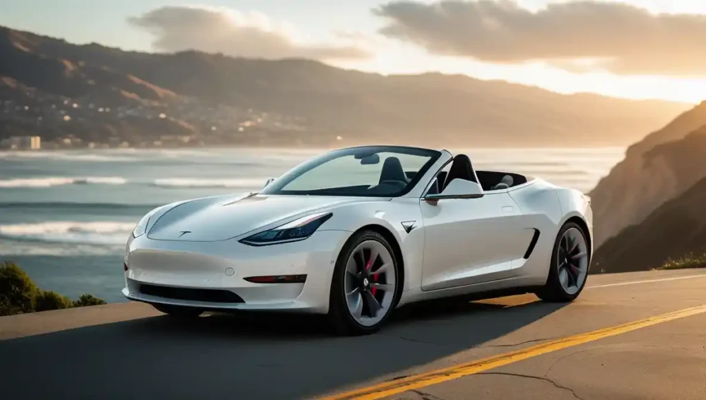 `2026 Tesla Roadster pearl white California cliffside sunset view`