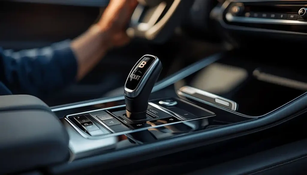 BMW iX1 2026 gear selector in B mode showing one-pedal driving and regeneration controls