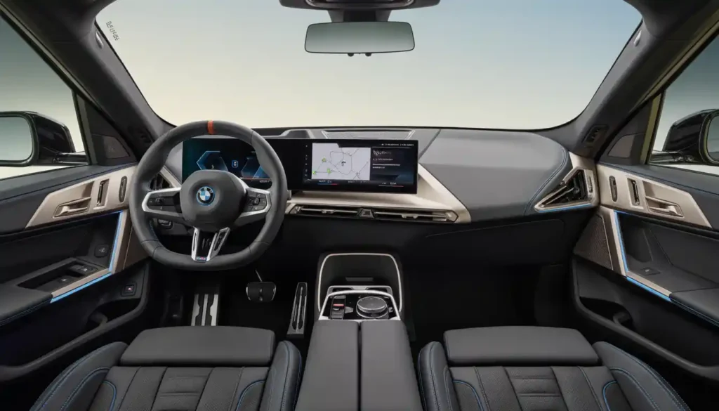 BMW iX1 2026 interior showing M Sport Veganza leather seats and BMW Curved Display with OS9