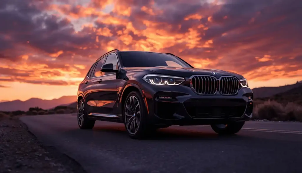 BMW iX1 2026 Black Sapphire side profile on mountain road at sunrise