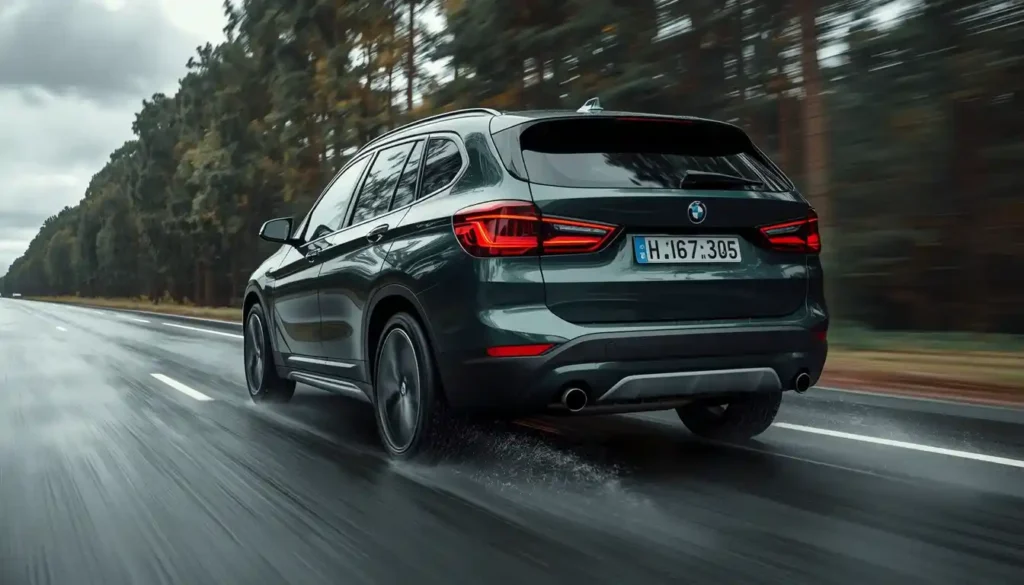 BMW iX1 2026 xDrive30 in Cape York Green driving on wet road showing performance specs
