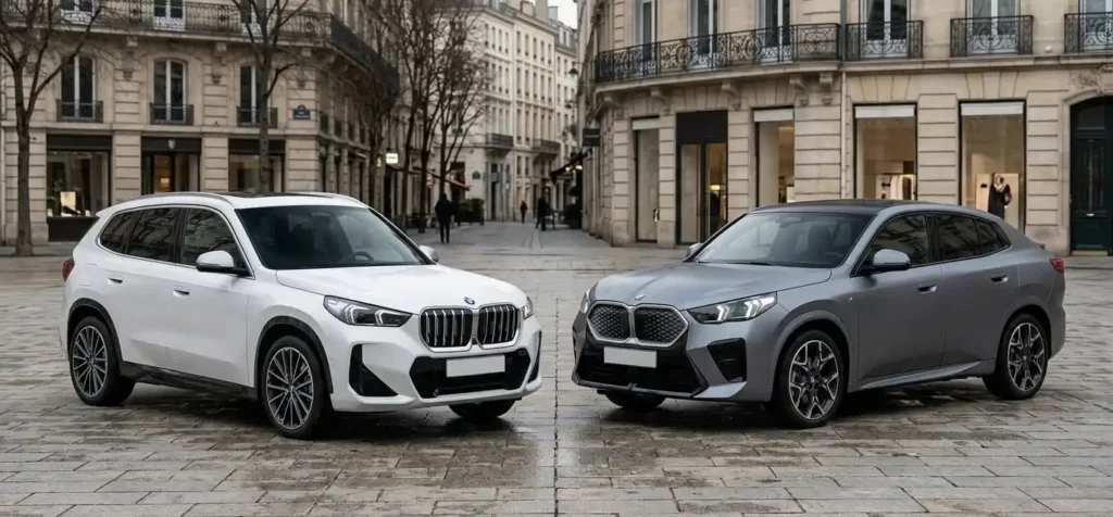 BMW iX1 2026 vs BMW iX2 2026 side by side comparison showing roofline and boot space difference