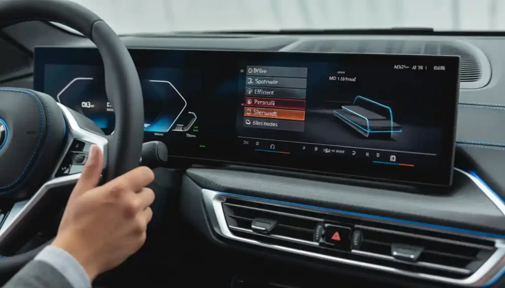 BMW iX3 interior touchscreen showing drive modes and regen braking settings inside premium cockpit