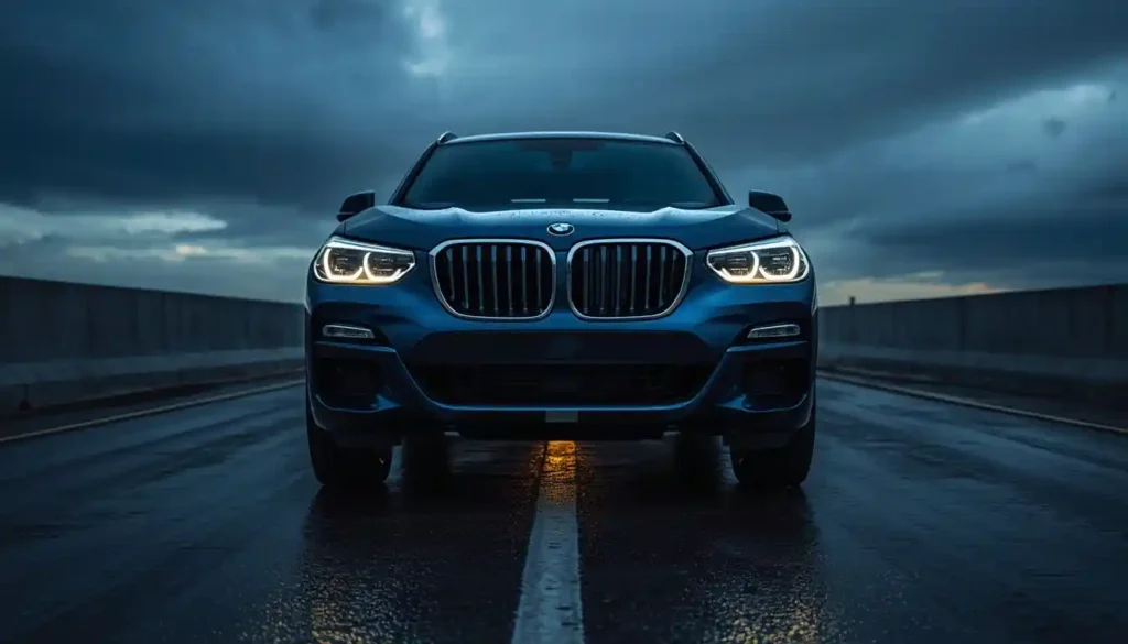 BMW iX3 Neue Klasse electric SUV dramatic low angle front view on wet asphalt showing LED headlights and exterior design