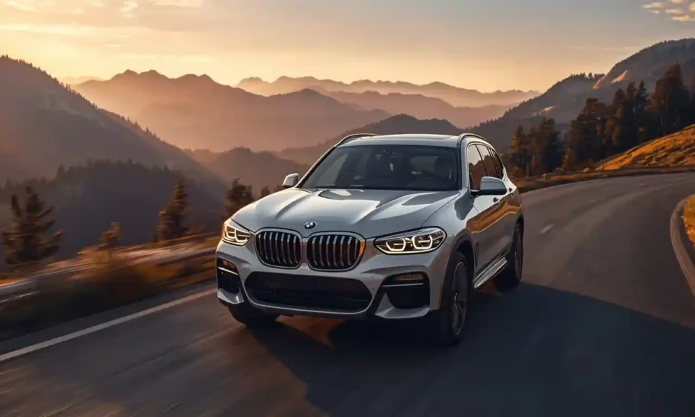 2026 BMW iX3 Neue Klasse electric SUV driving on mountain highway at golden hour showing full exterior design and range capability