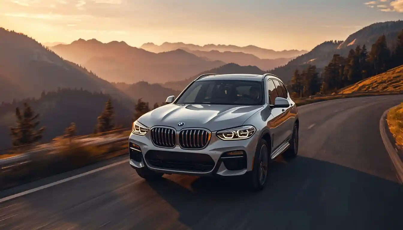 2026 BMW iX3 Neue Klasse electric SUV driving on mountain highway at golden hour showing full exterior design and range capability