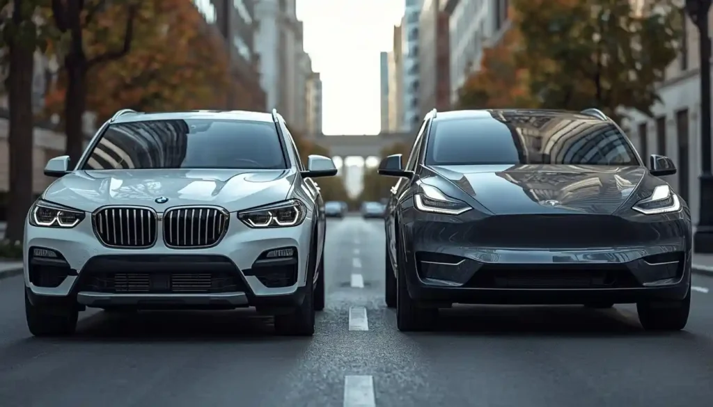 BMW iX3 electric SUV vs Tesla Model Y side by side comparison showing range price and performance differences
