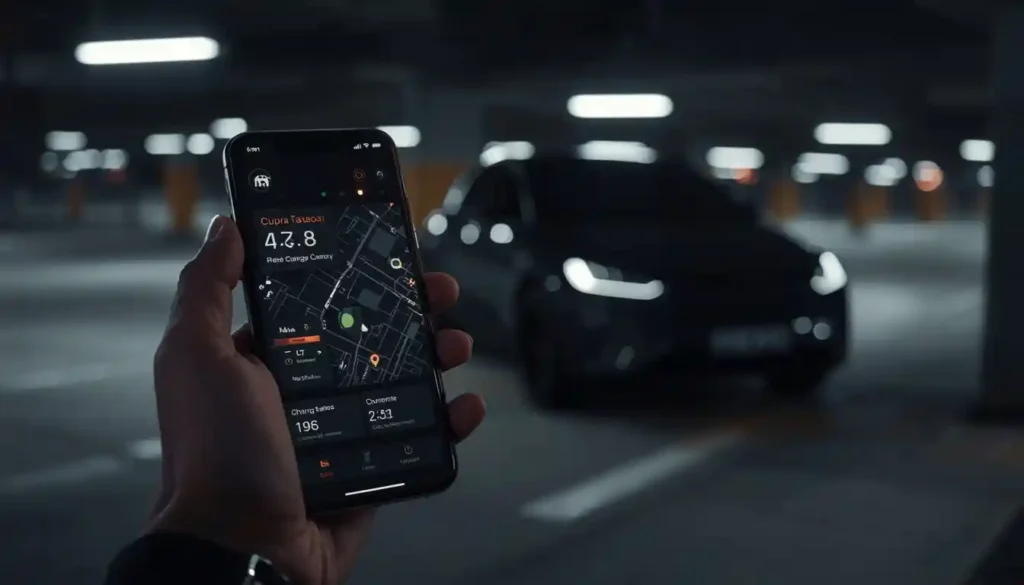 Cupra Connect app showing charge status and remote access features on smartphone
