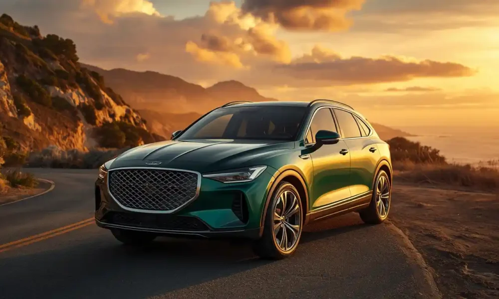 2026 Genesis GV60 electric SUV Tromso Green parked on coastal road at golden hour