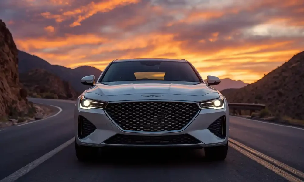 2026 Genesis GV70 luxury SUV parked on a scenic mountain road