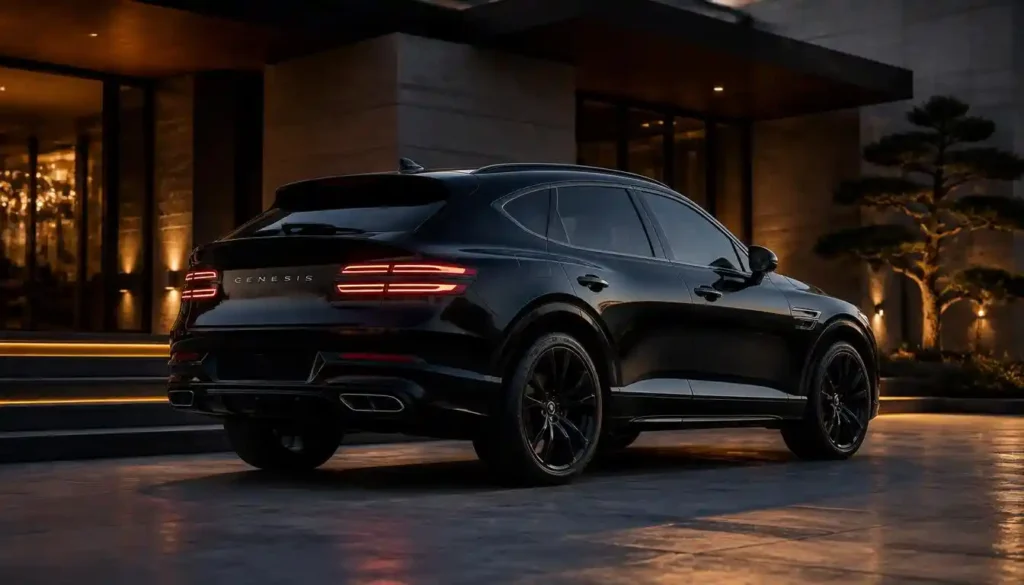 2026 Genesis GV80 Coupe Black Prestige Black trim parked at luxury location