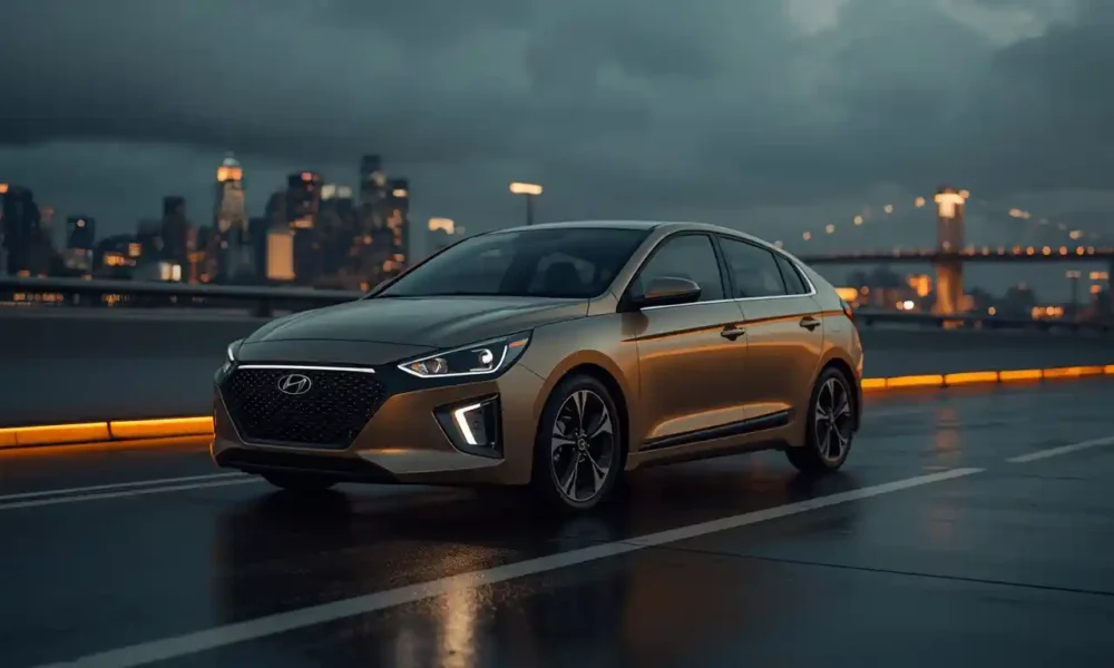 Hyundai Ioniq 5 exterior review featured image in Gravity Gold Matte at dusk
