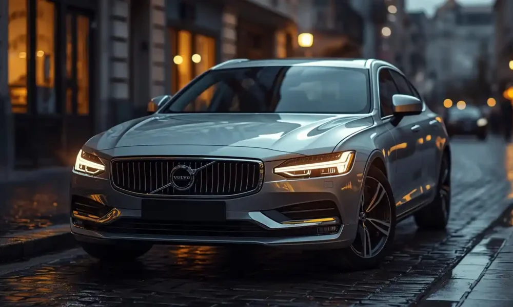 olvo ES90 2026 electric sedan front three-quarter view in Aurora Silver