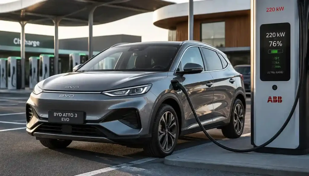 BYD Atto 3 electric vehicle in Climbing Grey plugged into a 220 kW DC rapid charger at a motorway charging station