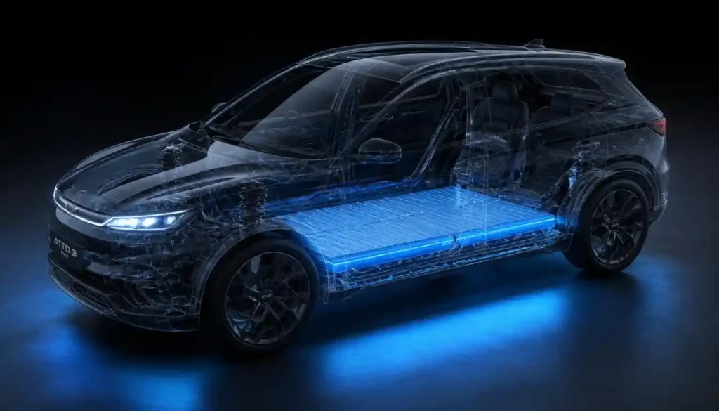 BYD Atto 3 electric vehicle Blade Battery cutaway showing flat LFP cells in cell-to-body construction beneath the floor