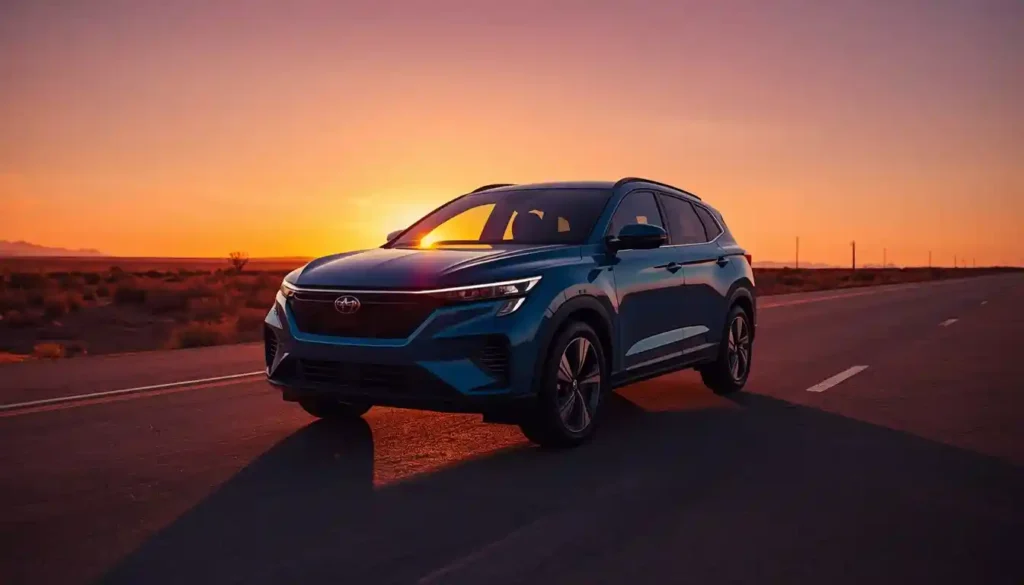 2026 BYD Atto 3 electric vehicle in Surf Blue on an empty desert highway at golden hour front three-quarter view
