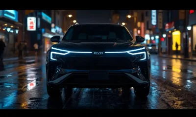 2026 BYD Atto 3 electric vehicle in Cosmos Black on a wet city street at night with LED lights glowing
