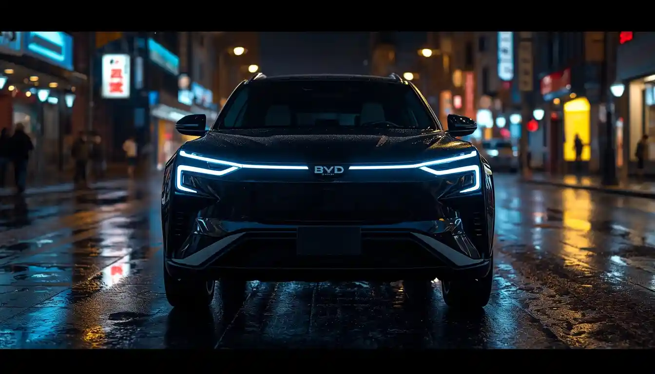 2026 BYD Atto 3 electric vehicle in Cosmos Black on a wet city street at night with LED lights glowing