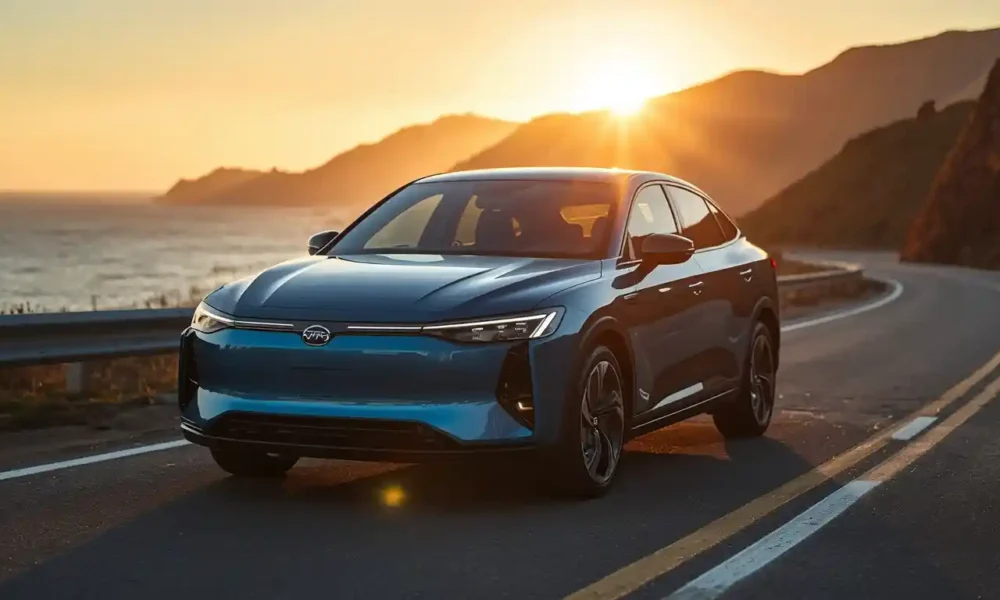 A 2026 BYD Seal, one of the standout BYD electric cars, parked on a coastal highway at golden hour.