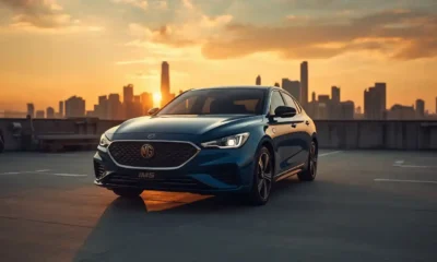 MG IM5 2026 in Nevis Blue on a rooftop at golden hour, front three-quarter view